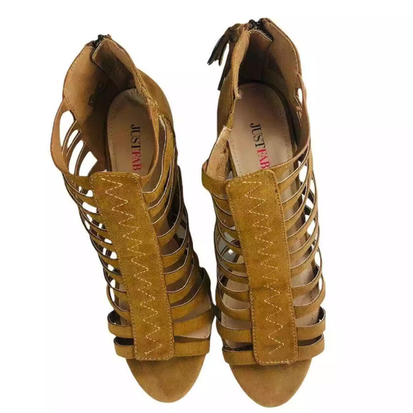 JustFab Womens Romina Cognac Strappy Peep Toe Faux Suede Heeled Sandals Size 10 - Picture 5 of 9